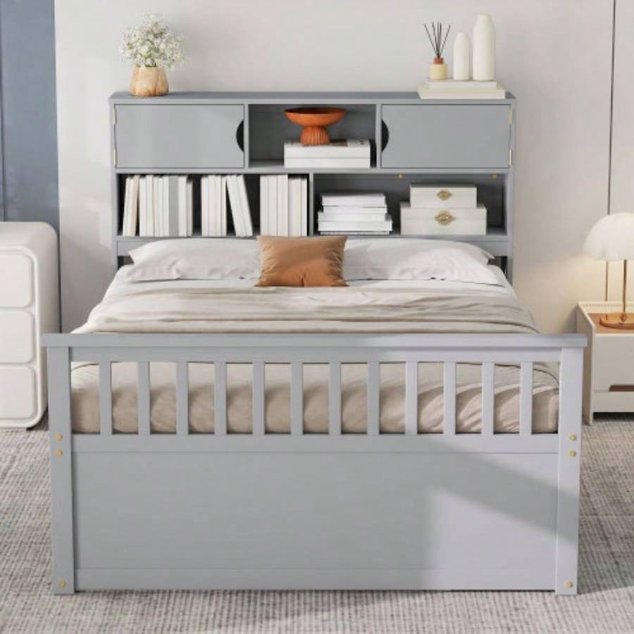 Full Size Captain Platform Bed Frame with Storage Bookcases and Shelves, Four Drawers, Gray