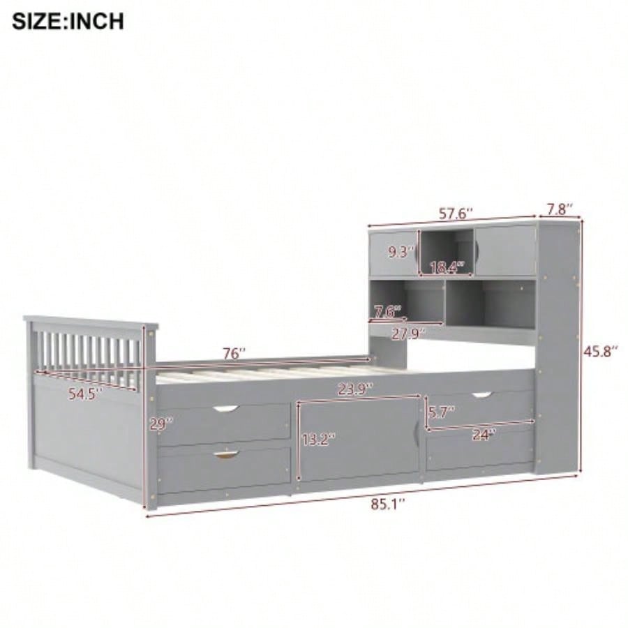 Full Size Captain Platform Bed Frame with Storage Bookcases and Shelves, Four Drawers, Gray