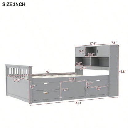 Full Size Captain Platform Bed Frame with Storage Bookcases and Shelves, Four Drawers, Gray