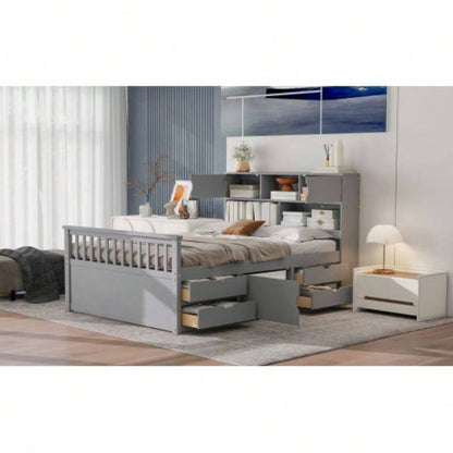 Full Size Captain Platform Bed Frame with Storage Bookcases and Shelves, Four Drawers, Gray