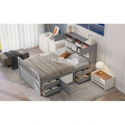 Full Size Captain Platform Bed Frame with Storage Bookcases and Shelves, Four Drawers, Gray