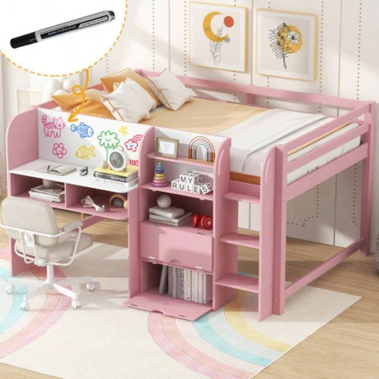 Full Size Low Loft Bed with Built - in Desk, Storage Cabinets and Open Bookcase, Whiteboard Graffiti, Pink