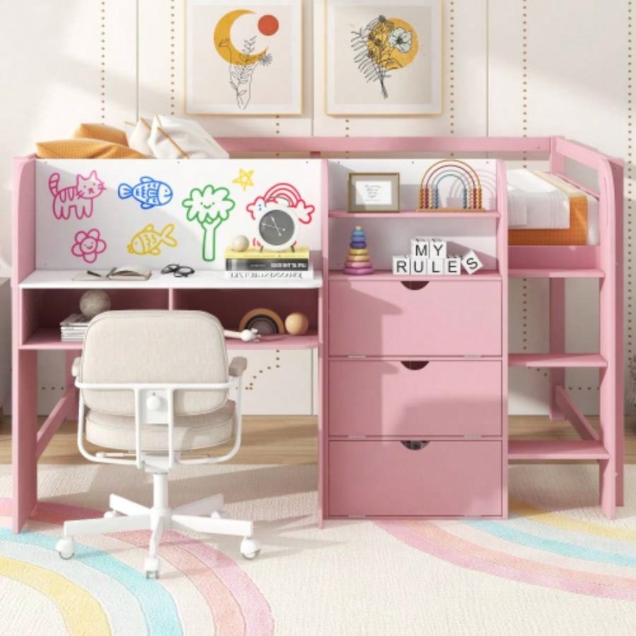 Full Size Low Loft Bed with Built - in Desk, Storage Cabinets and Open Bookcase, Whiteboard Graffiti, Pink