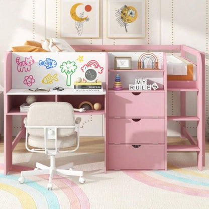 Full Size Low Loft Bed with Built - in Desk, Storage Cabinets and Open Bookcase, Whiteboard Graffiti, Pink