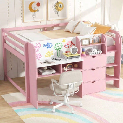 Full Size Low Loft Bed with Built - in Desk, Storage Cabinets and Open Bookcase, Whiteboard Graffiti, Pink