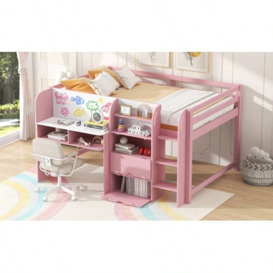 Full Size Low Loft Bed with Built - in Desk, Storage Cabinets and Open Bookcase, Whiteboard Graffiti, Pink