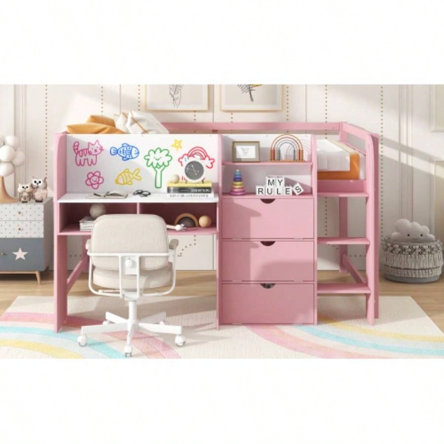 Full Size Low Loft Bed with Built - in Desk, Storage Cabinets and Open Bookcase, Whiteboard Graffiti, Pink
