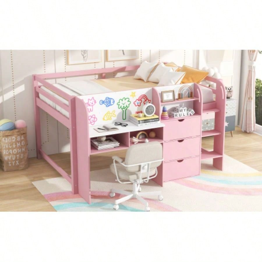 Full Size Low Loft Bed with Built - in Desk, Storage Cabinets and Open Bookcase, Whiteboard Graffiti, Pink