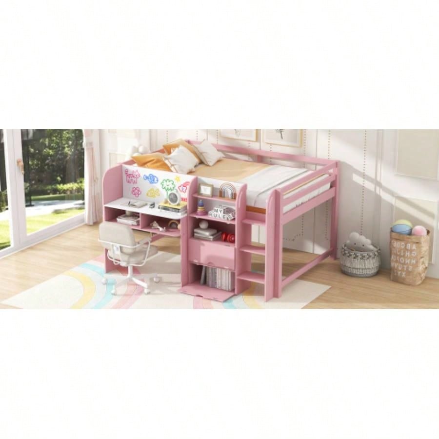 Full Size Low Loft Bed with Built - in Desk, Storage Cabinets and Open Bookcase, Whiteboard Graffiti, Pink