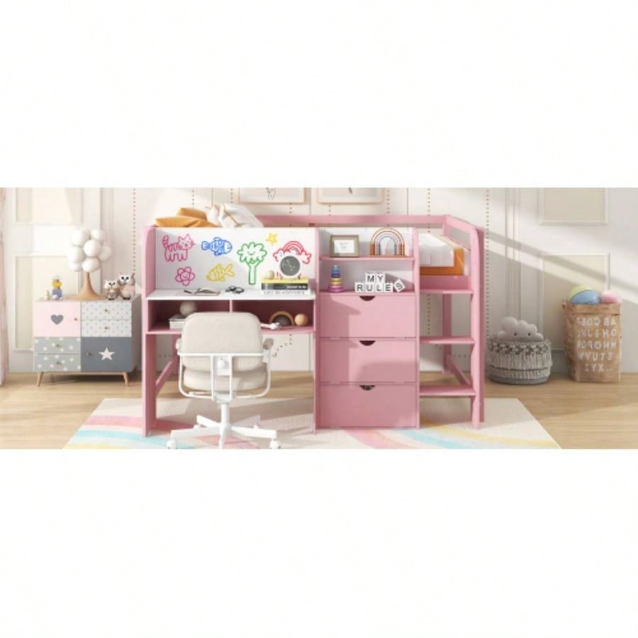 Full Size Low Loft Bed with Built - in Desk, Storage Cabinets and Open Bookcase, Whiteboard Graffiti, Pink