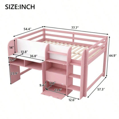 Full Size Low Loft Bed with Built - in Desk, Storage Cabinets and Open Bookcase, Whiteboard Graffiti, Pink