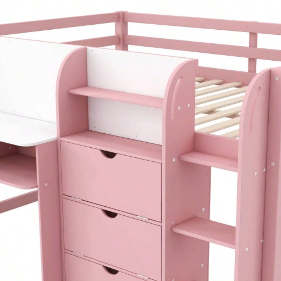 Full Size Low Loft Bed with Built - in Desk, Storage Cabinets and Open Bookcase, Whiteboard Graffiti, Pink