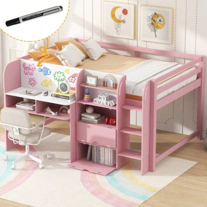 Full Size Low Loft Bed with Built - in Desk, Storage Cabinets and Open Bookcase, Whiteboard Graffiti, Pink