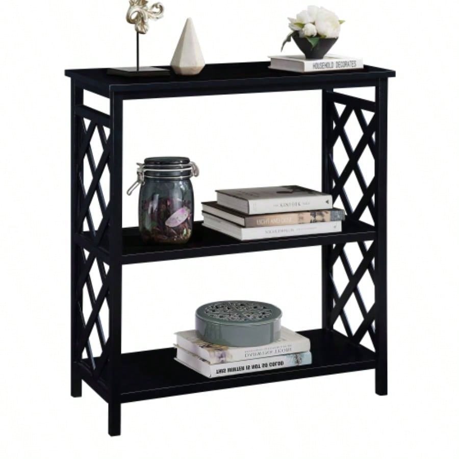 Console Table 3 - Tier with Storage Shelves, Open Bookshelf Bookcase with Solid Wood Hallway, Living Room and Bedroom. Black