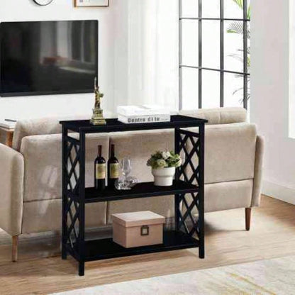 Console Table 3 - Tier with Storage Shelves, Open Bookshelf Bookcase with Solid Wood Hallway, Living Room and Bedroom. Black