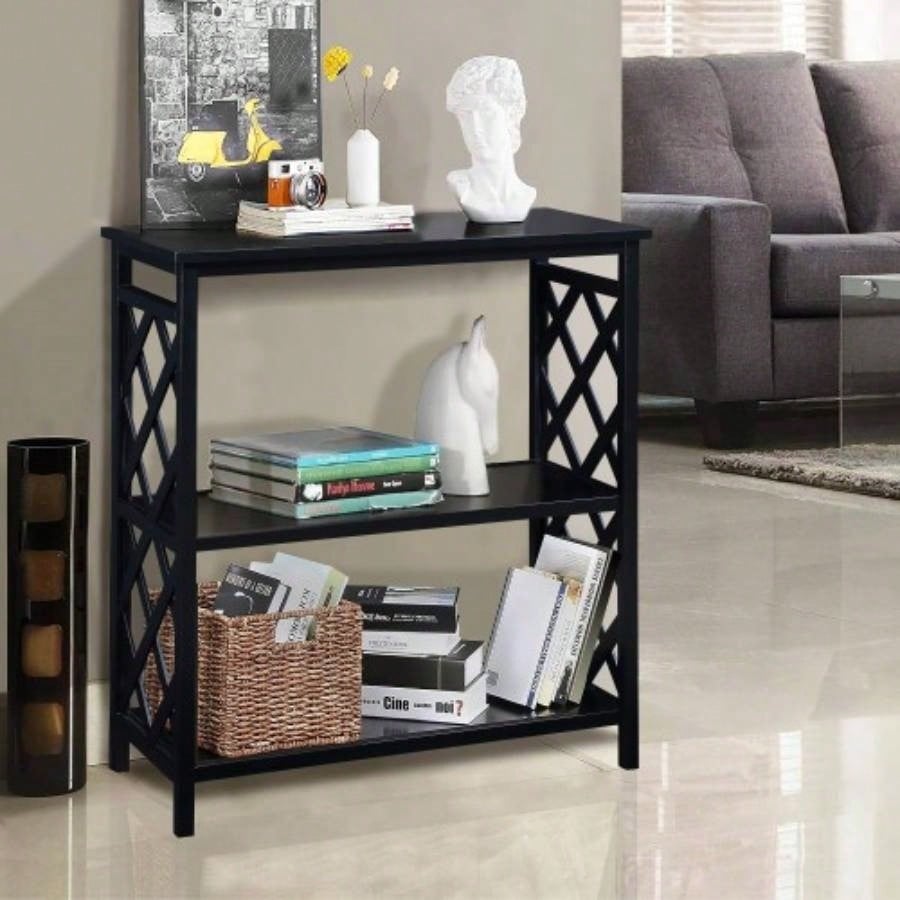 Console Table 3 - Tier with Storage Shelves, Open Bookshelf Bookcase with Solid Wood Hallway, Living Room and Bedroom. Black