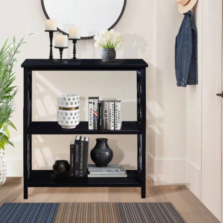 Console Table 3 - Tier with Storage Shelves, Open Bookshelf Bookcase with Solid Wood Hallway, Living Room and Bedroom. Black