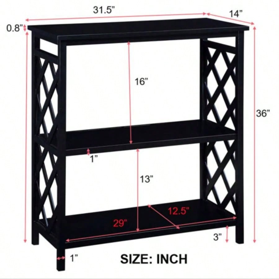 Console Table 3 - Tier with Storage Shelves, Open Bookshelf Bookcase with Solid Wood Hallway, Living Room and Bedroom. Black