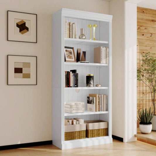 83.4 Tall Wood Bookcase, 5 - Tier Home Decor Bookshelves with Adjustable Storage Shelves, Storage Organizer CDs/Books/Movies, Standing Storage Shelves Living Room, Home Office, White