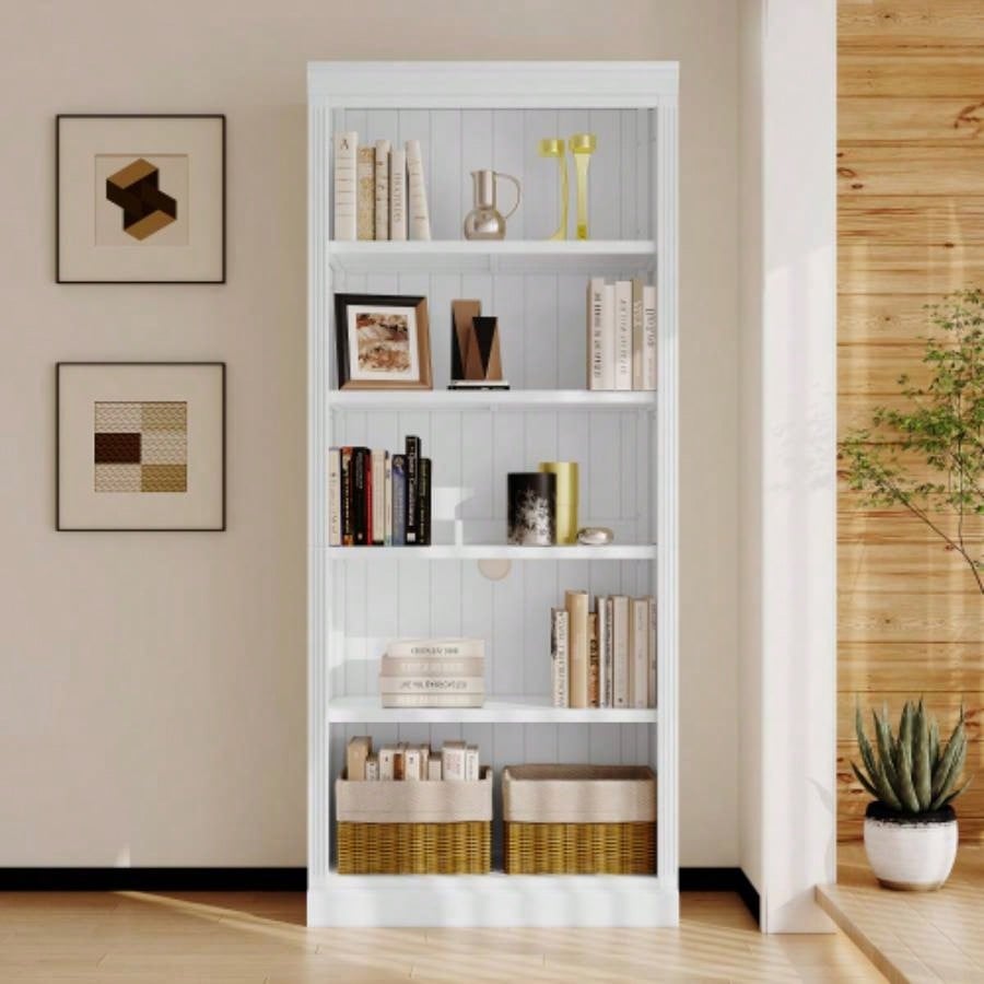 83.4 Tall Wood Bookcase, 5 - Tier Home Decor Bookshelves with Adjustable Storage Shelves, Storage Organizer CDs/Books/Movies, Standing Storage Shelves Living Room, Home Office, White