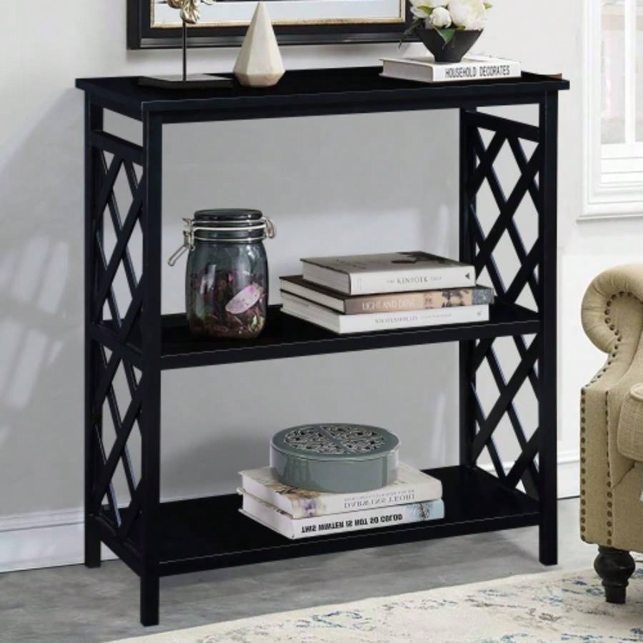 Console Table 3 - Tier with Storage Shelves, Open Bookshelf Bookcase with Solid Wood Hallway, Living Room and Bedroom. Black