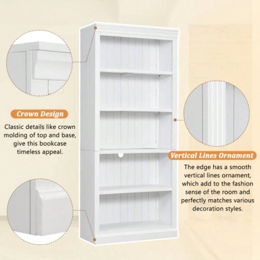 83.4 Tall Wood Bookcase, 5 - Tier Home Decor Bookshelves with Adjustable Storage Shelves, Storage Organizer CDs/Books/Movies, Standing Storage Shelves Living Room, Home Office, White