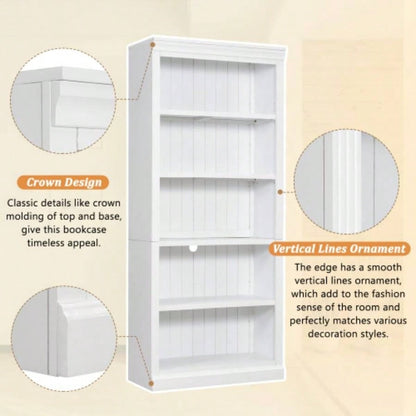 83.4 Tall Wood Bookcase, 5 - Tier Home Decor Bookshelves with Adjustable Storage Shelves, Storage Organizer CDs/Books/Movies, Standing Storage Shelves Living Room, Home Office, White