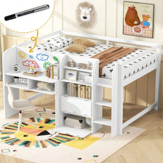 Full Size Low Loft Bed with Built - in Desk, Storage Cabinets and Open Bookcase, Whiteboard Graffiti, White