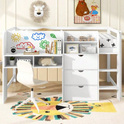 Full Size Low Loft Bed with Built - in Desk, Storage Cabinets and Open Bookcase, Whiteboard Graffiti, White