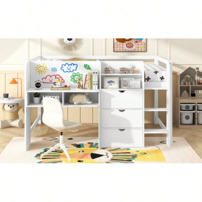 Full Size Low Loft Bed with Built - in Desk, Storage Cabinets and Open Bookcase, Whiteboard Graffiti, White