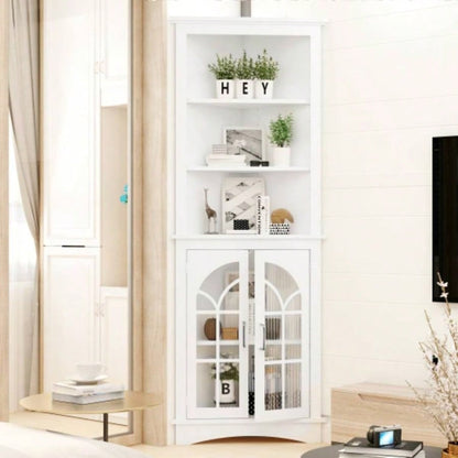 Corner Storage Cabinet, 63.3 Tall Freestanding Bookcase with Doors Adjustable Shelves, 5 - Tier Corner Display Cabinet Living Room, Office, Dining Room, White