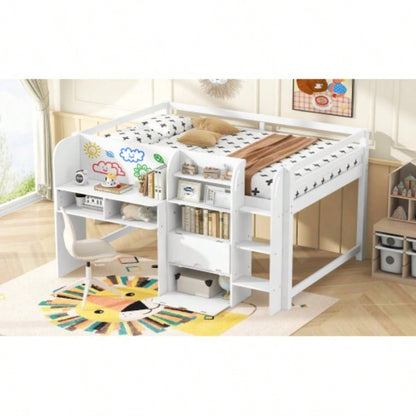 Full Size Low Loft Bed with Built - in Desk, Storage Cabinets and Open Bookcase, Whiteboard Graffiti, White