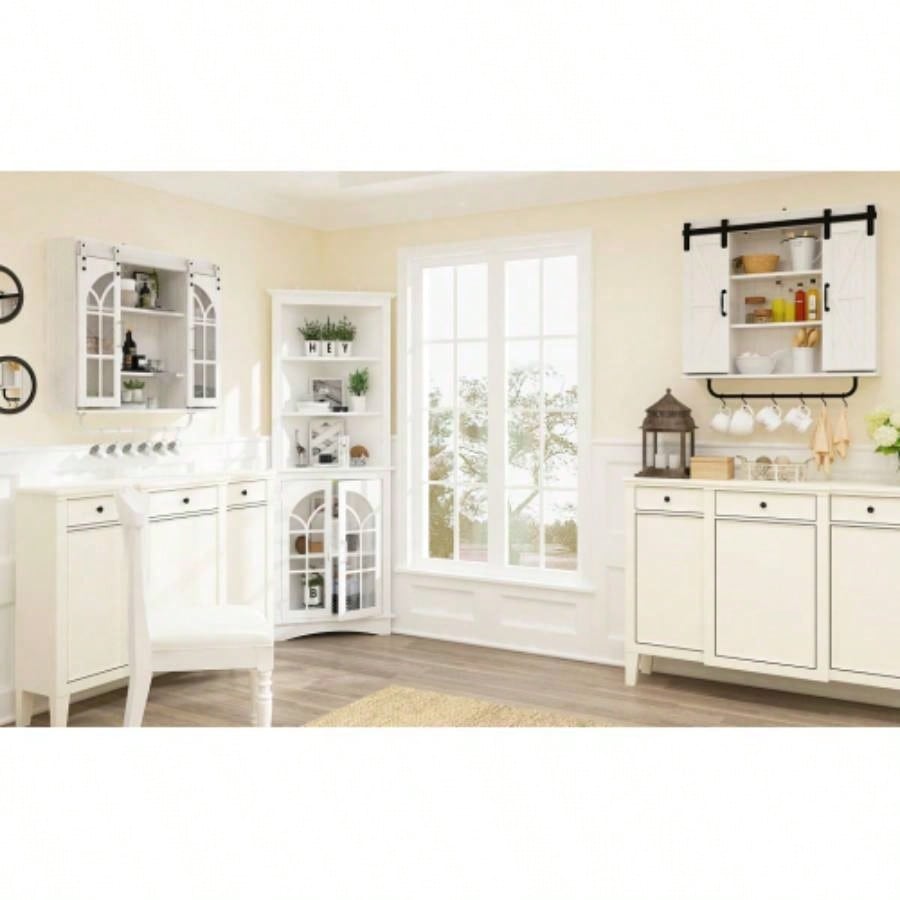 Corner Storage Cabinet, 63.3 Tall Freestanding Bookcase with Doors Adjustable Shelves, 5 - Tier Corner Display Cabinet Living Room, Office, Dining Room, White