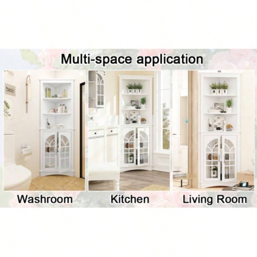 Corner Storage Cabinet, 63.3 Tall Freestanding Bookcase with Doors Adjustable Shelves, 5 - Tier Corner Display Cabinet Living Room, Office, Dining Room, White