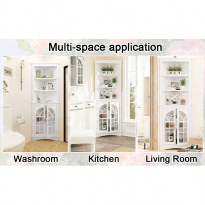 Corner Storage Cabinet, 63.3 Tall Freestanding Bookcase with Doors Adjustable Shelves, 5 - Tier Corner Display Cabinet Living Room, Office, Dining Room, White