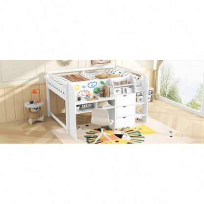 Full Size Low Loft Bed with Built - in Desk, Storage Cabinets and Open Bookcase, Whiteboard Graffiti, White