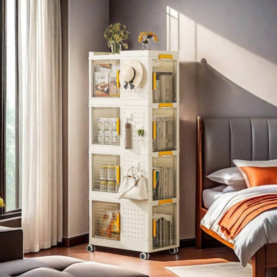 4 - Tier Rolling Storage bookcase with Wheels, Large Capacity Storage bins, Mobile Multifunction Utility Rolling Storage Organizer, Mobile Shelvi, living room, office