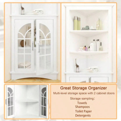 Corner Storage Cabinet, 63.3 Tall Freestanding Bookcase with Doors Adjustable Shelves, 5 - Tier Corner Display Cabinet Living Room, Office, Dining Room, White
