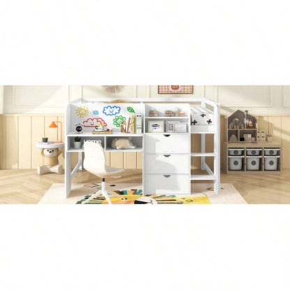 Full Size Low Loft Bed with Built - in Desk, Storage Cabinets and Open Bookcase, Whiteboard Graffiti, White