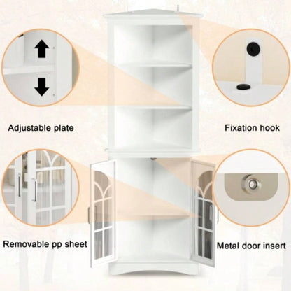 Corner Storage Cabinet, 63.3 Tall Freestanding Bookcase with Doors Adjustable Shelves, 5 - Tier Corner Display Cabinet Living Room, Office, Dining Room, White
