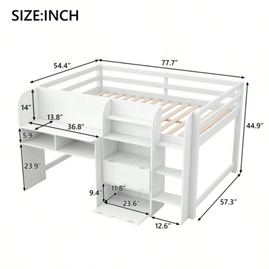 Full Size Low Loft Bed with Built - in Desk, Storage Cabinets and Open Bookcase, Whiteboard Graffiti, White