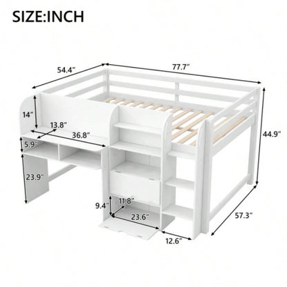 Full Size Low Loft Bed with Built - in Desk, Storage Cabinets and Open Bookcase, Whiteboard Graffiti, White