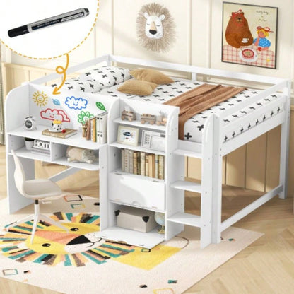 Full Size Low Loft Bed with Built - in Desk, Storage Cabinets and Open Bookcase, Whiteboard Graffiti, White