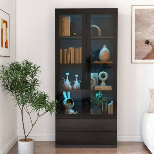 Display Cabinet with Glass Doors, Curio Storage Cabinet with 2 - Drawer, Bookcase with LED Lights, Black