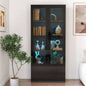 Display Cabinet with Glass Doors, Curio Storage Cabinet with 2 - Drawer, Bookcase with LED Lights, Black