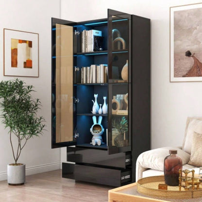 Display Cabinet with Glass Doors, Curio Storage Cabinet with 2 - Drawer, Bookcase with LED Lights, Black