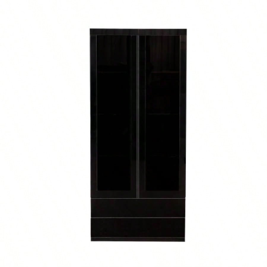 Display Cabinet with Glass Doors, Curio Storage Cabinet with 2 - Drawer, Bookcase with LED Lights, Black