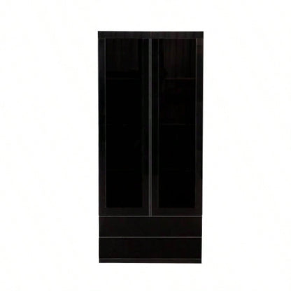 Display Cabinet with Glass Doors, Curio Storage Cabinet with 2 - Drawer, Bookcase with LED Lights, Black