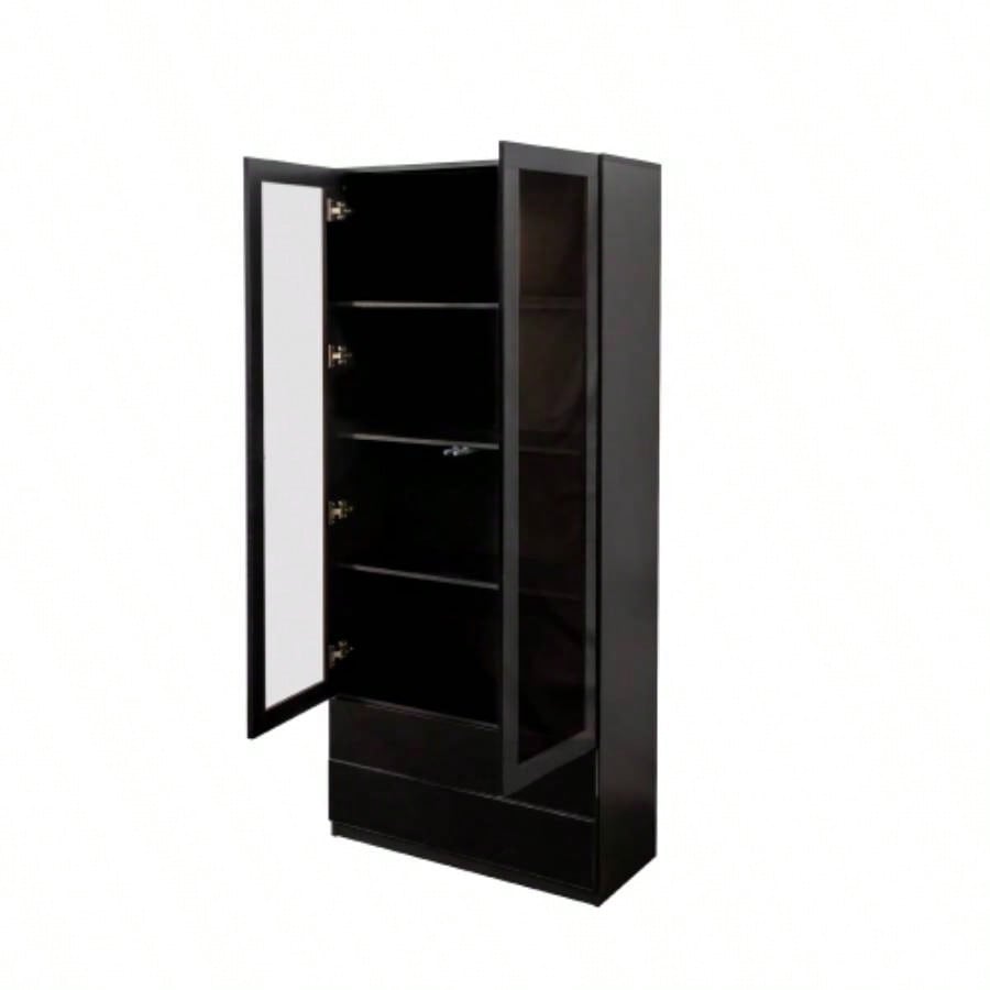 Display Cabinet with Glass Doors, Curio Storage Cabinet with 2 - Drawer, Bookcase with LED Lights, Black