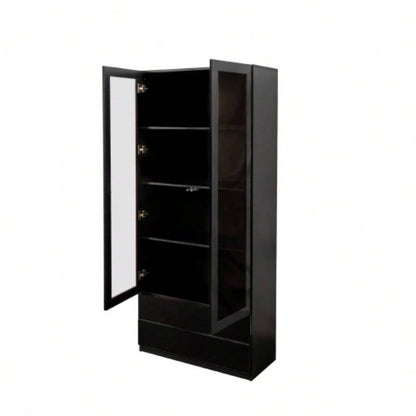 Display Cabinet with Glass Doors, Curio Storage Cabinet with 2 - Drawer, Bookcase with LED Lights, Black